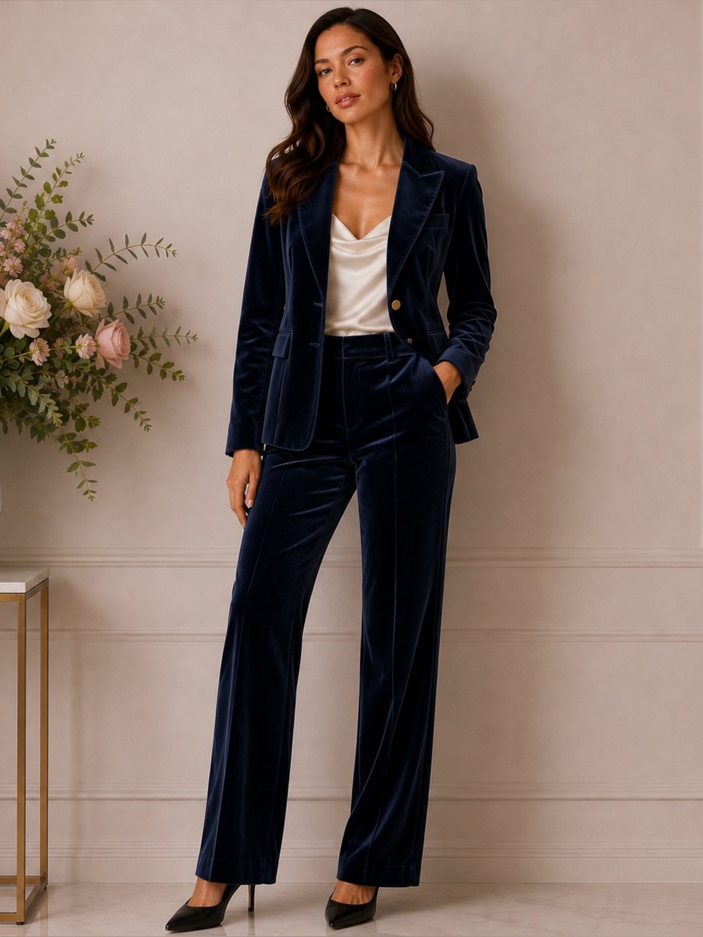 Calvin Klein Navy Velvet Suit Blazer Size 4 Pants Size 6 LN